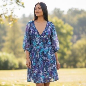 Rebecca Taylor Silk Purple Blue Floral 3/4 Sleeve Peasant Dress Size 4